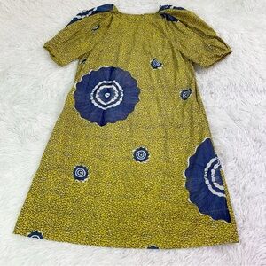 Ulla Johnson short puff sleeve yellow blue printed a-line poplin dress